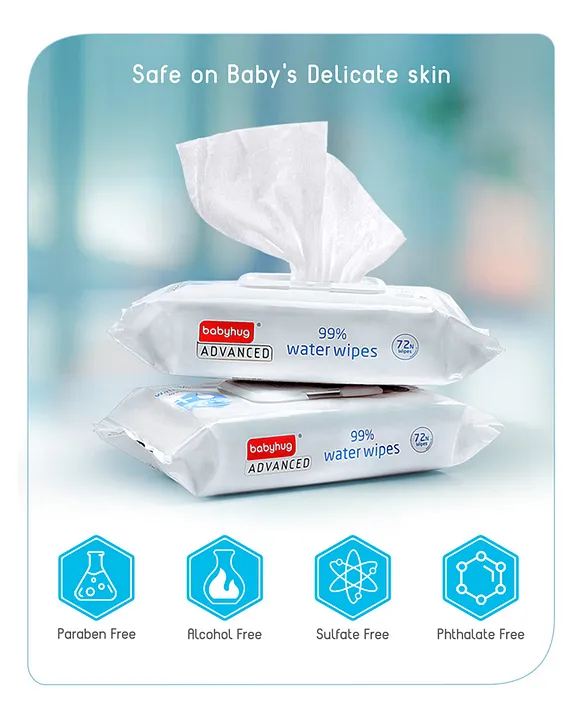 Babyhug Advanced 99% Pure Water Unscented Baby Wipes Pack of 2 - 72 Pieces Each