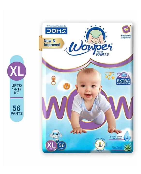 Wowper Fresh Baby Diaper Pants By DOMS | Witness Indicator | Upto 12 Hrs Absorption | 14-17 Kg | XL  (56 Pieces)