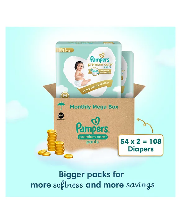 Pampers Premium Care Pants, Medium size baby diapers (M), 108 Count, Softest ever pants