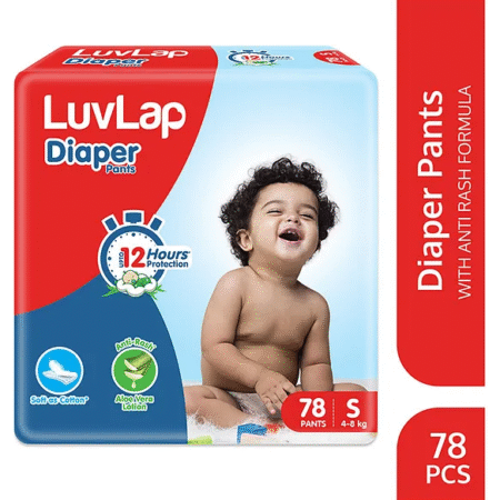 Luv Lap LuvLap Pant Style Baby Diapers, Small (S), 78 Count, Aloe Vera Lotion, 12hr Protection, White