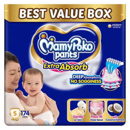 MamyPoko Pants Extra Absorb Baby Diapers, Small (S size) | 4-8 kg | 174 Count |Deep Sleep Diapers| Soft gentle fit |Deep Absorbent Crisscross | skin friendly with coconut oil |