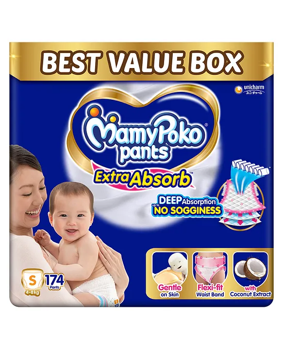 MamyPoko Pants Extra Absorb Baby Diapers, Small (S size) | 4-8 kg | 174 Count |Deep Sleep Diapers| Soft gentle fit |Deep Absorbent Crisscross | skin friendly with coconut oil |
