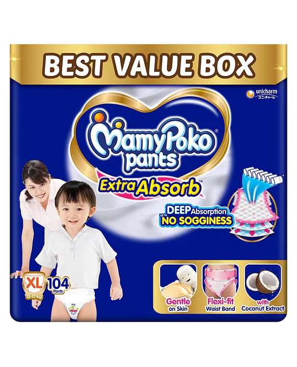 MamyPoko Pants Extra Absorb Baby Diapers, Extra Large (XL size) | 12-17 kg | 104 Count |Deep Sleep Diapers| Soft gentle fit |Deep Absorbent Crisscross | skin friendly with coconut oil |