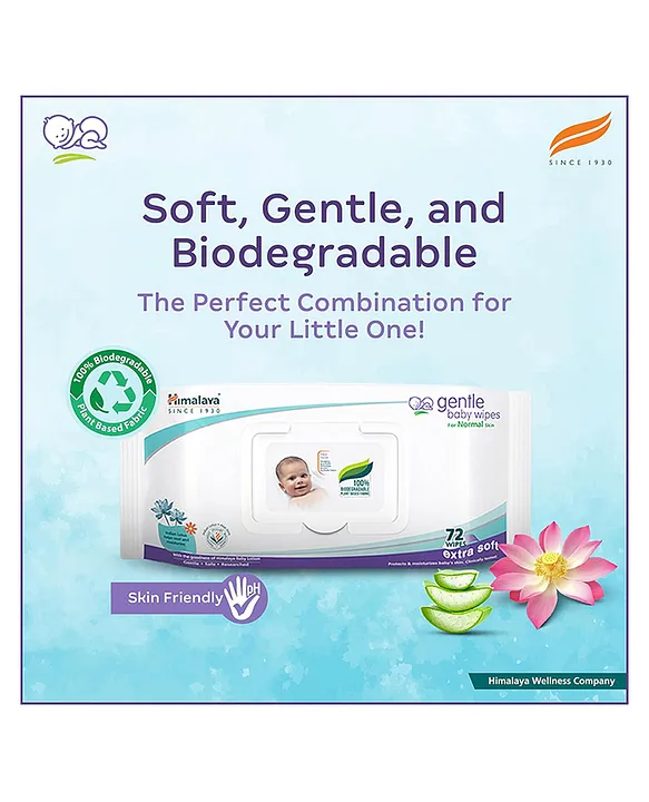 Himalaya Babycare Gentle Baby Wipes with Biodegradable Plant Based Fabric & Indian Lotus Aloe Vera Infused 72 Pieces Each - Pack of 4